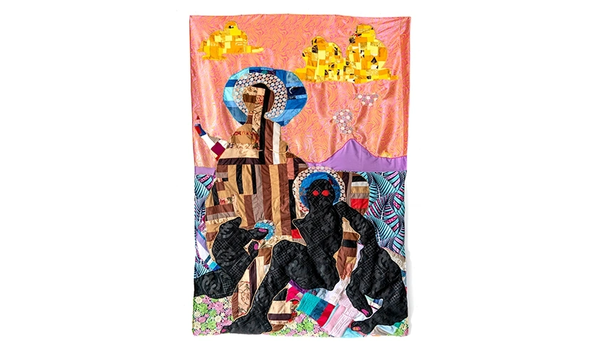 tapestry of dark figures on an abstract and colorful background